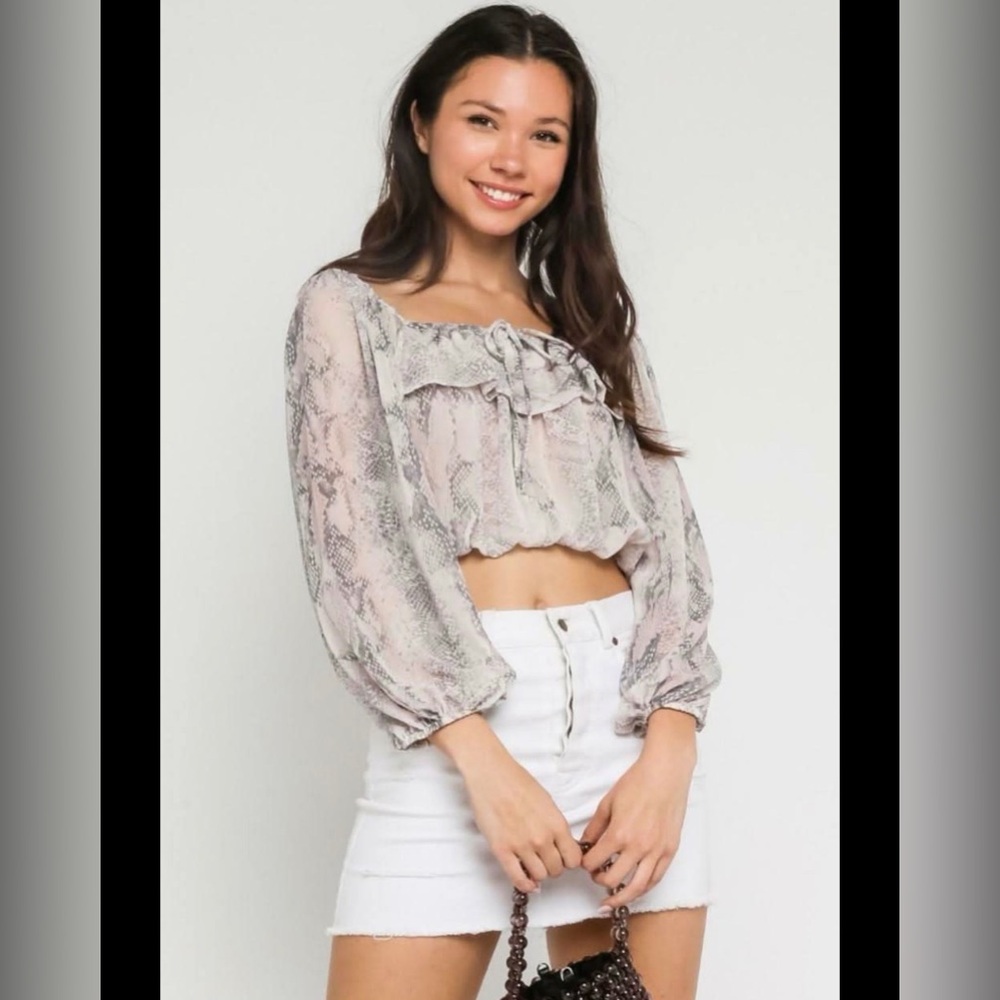 Olivacious off the shoulder snake skin long sleeve tank